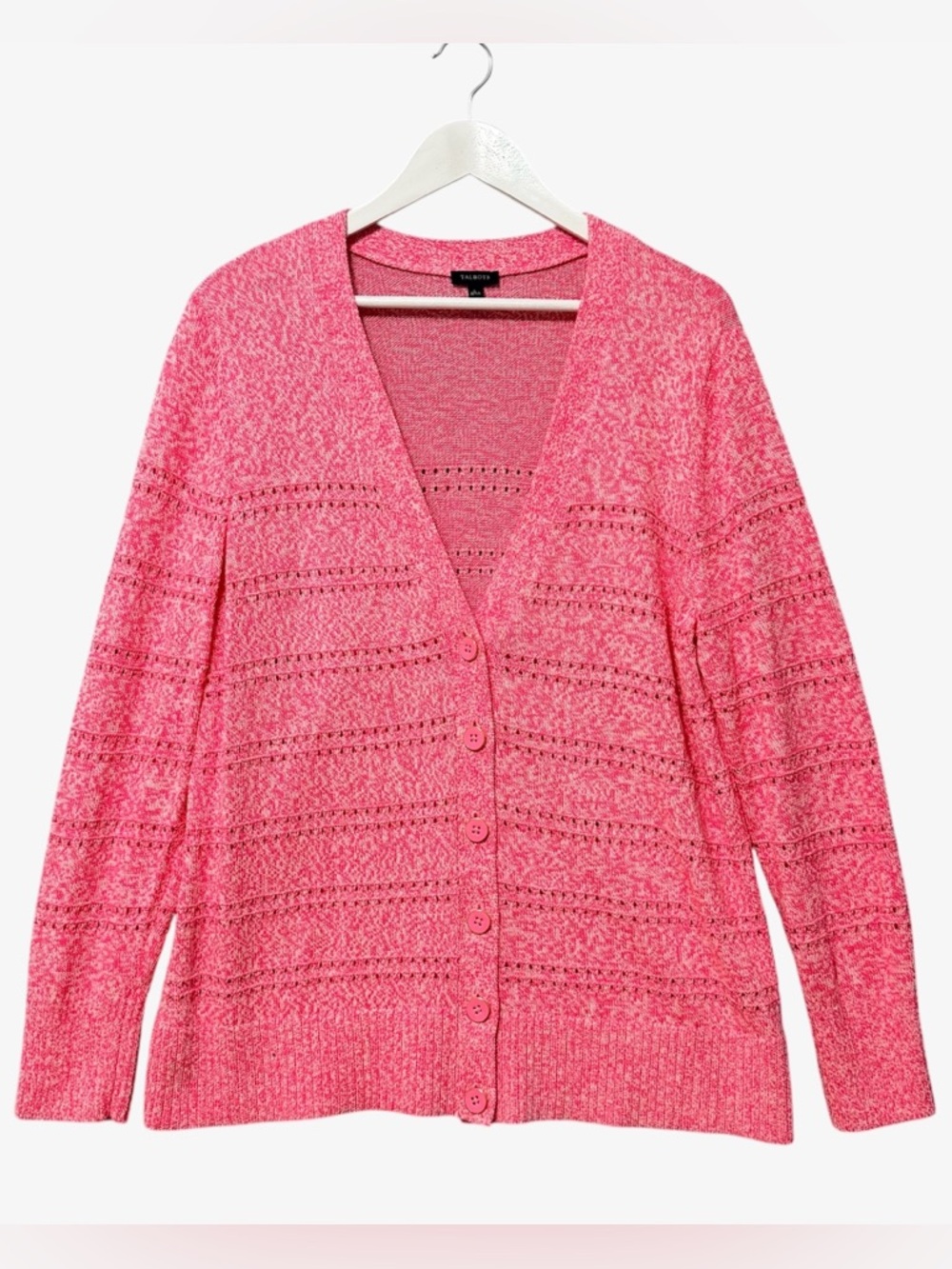 Talbots Eyelet Button Up Cardigan Sweater Size Large Pink White Marl 100% Cotton